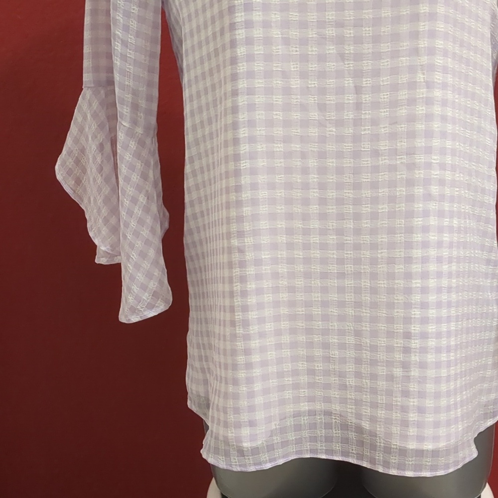 Calvin Klein Women Purple/White-V Neck Blouse 3/4 Sleeves Gingham check Size S - Picture 4 of 11